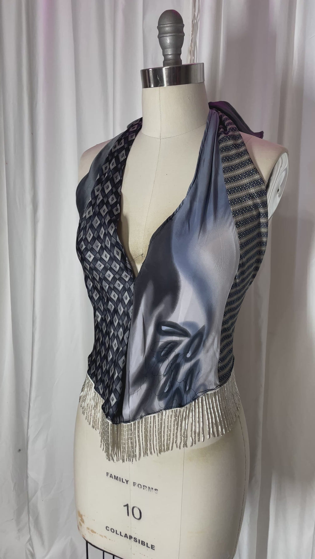 Upcycled Necktie V Top Fringe #14