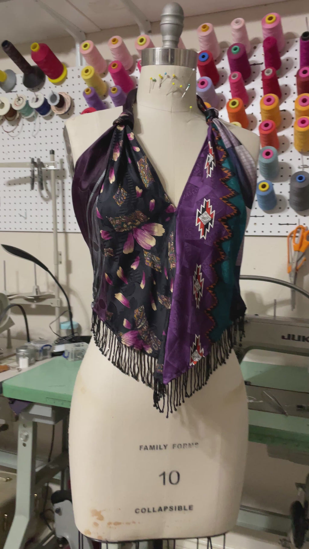 Upcycled Necktie V Top Fringe #15